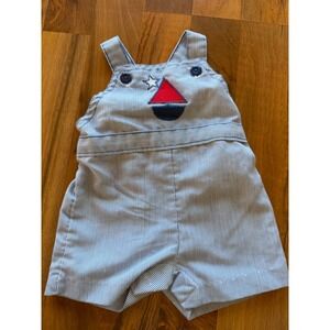 Vintage Health-tex Baby Boy Blue‎ White Pinstripe Sailboat Shortall Overalls 6M
